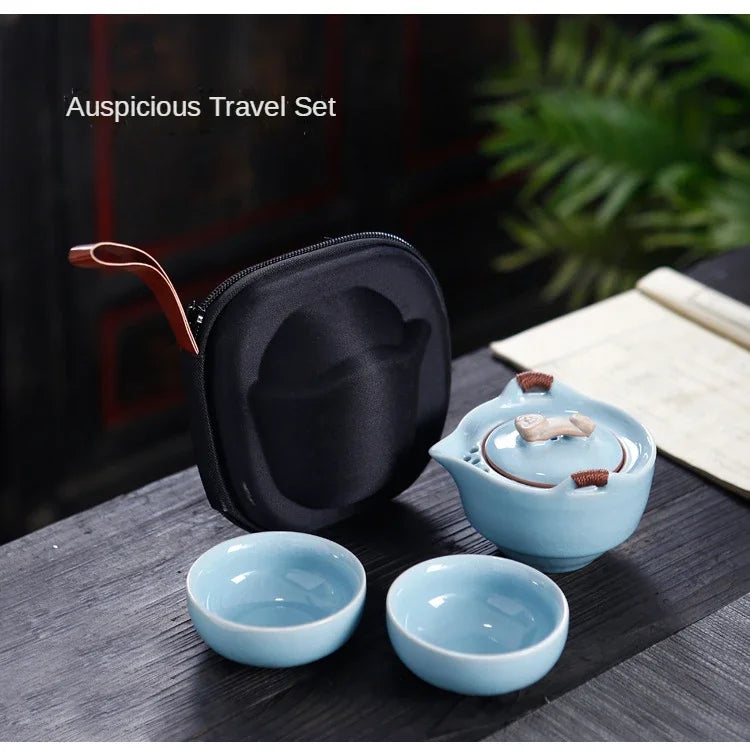 Kiln Ceramic Teapot Teacup Handmade Portable Travel Tea Sets for Office Ceramic 1 Pot 2 Cups 1 Storage Bag Creative Gift
