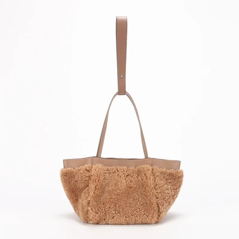Korean Minority Plush Lamb Wool Bucket Bag Autumn Winter Fashion Portable Shoulder Bags Simple Casual Large Capacity Purses