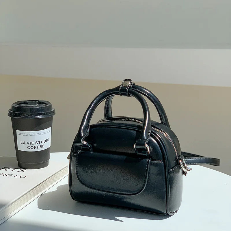 Korean Niche Vintage Boston Bag Mini Portable Smalll Square Bag Solid All-match Casual Commuter Purseslarge Capacity PU Pouch