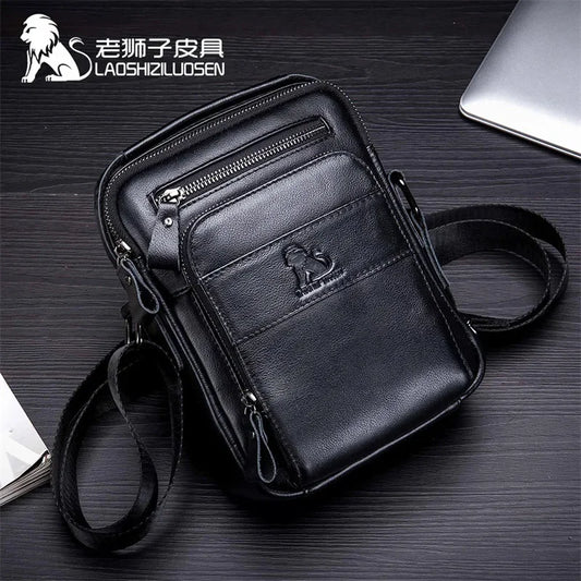 LAOSHIZI Brand High-end Men's Shoulder Leisure Business Diagonal 100% Leather Man Bag Handbag
