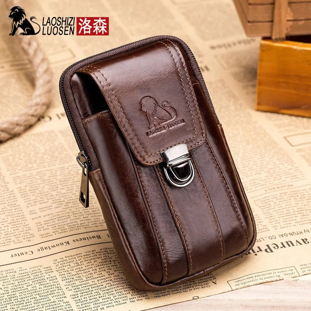 LAOSHIZI Brand Men Genuine Leather Waist Pack Multifunction Phone Pockets Case Coin Male Money Bags Retro Cowhide Purse
