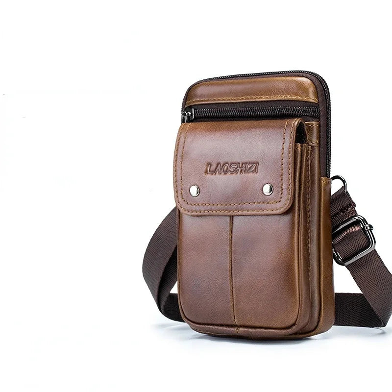 LAOSHIZI Brand Men's Cowhide Mobile Phone Waist Packs Multifunctional Genuine Leather Wallet Fashion Shoulder Crossbody Bag