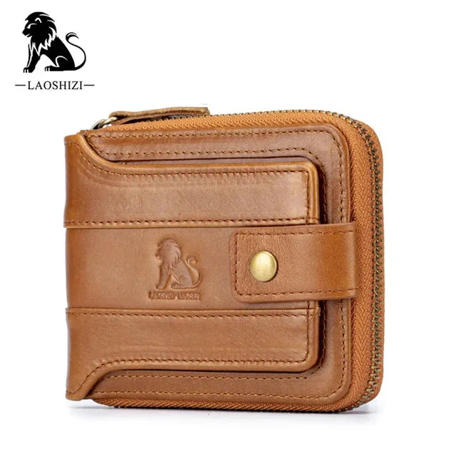 LAOSHIZI Men Genuine Leather Brand RFID Male Organizer Coin Purse Pockets Slim Fashion Zipper Clamp Wallet Card Holder