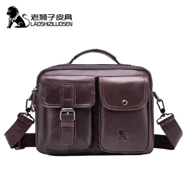 LAOSHIZI Vintage Men Genuine Leather Briefcase Shoulder Soft Cowhide Messenger Bag Male Handbags Business Casual Tote