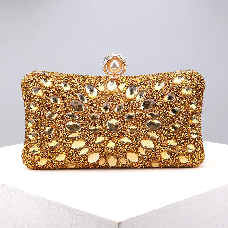 Lady Evening Bags for Women Luxury Full Diamonds Acrylic Flower Rhinestones Clutch Bag Metal Pearl Prom Wedding Dinner Handbags