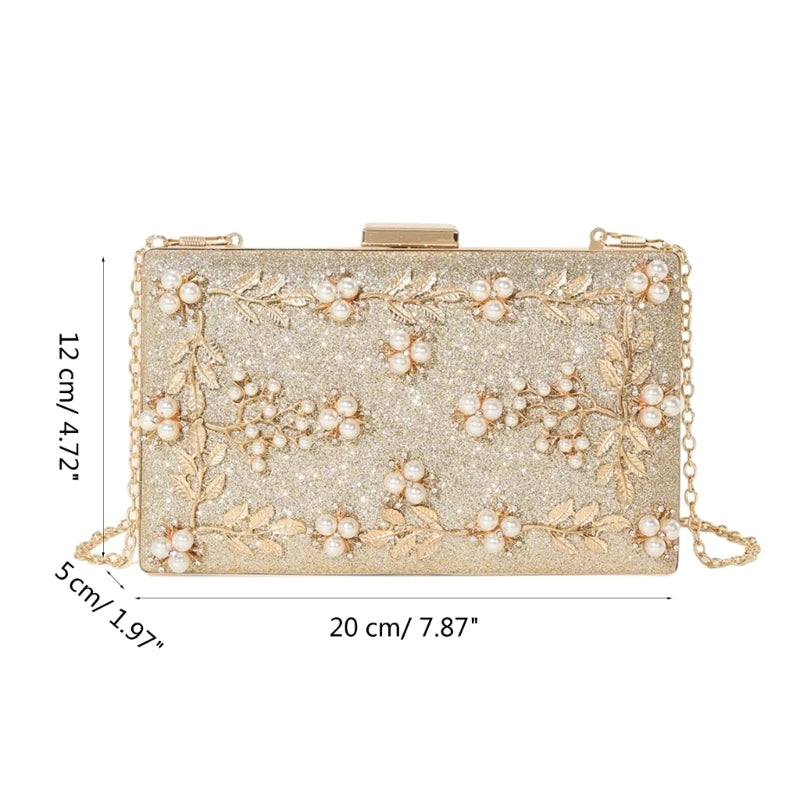 Lady Purse Party Wedding Clutches Handbag for Women Girl Shoulder Bag Crossbody Bag Fashion Beaded Leaf Gold Evening Bag