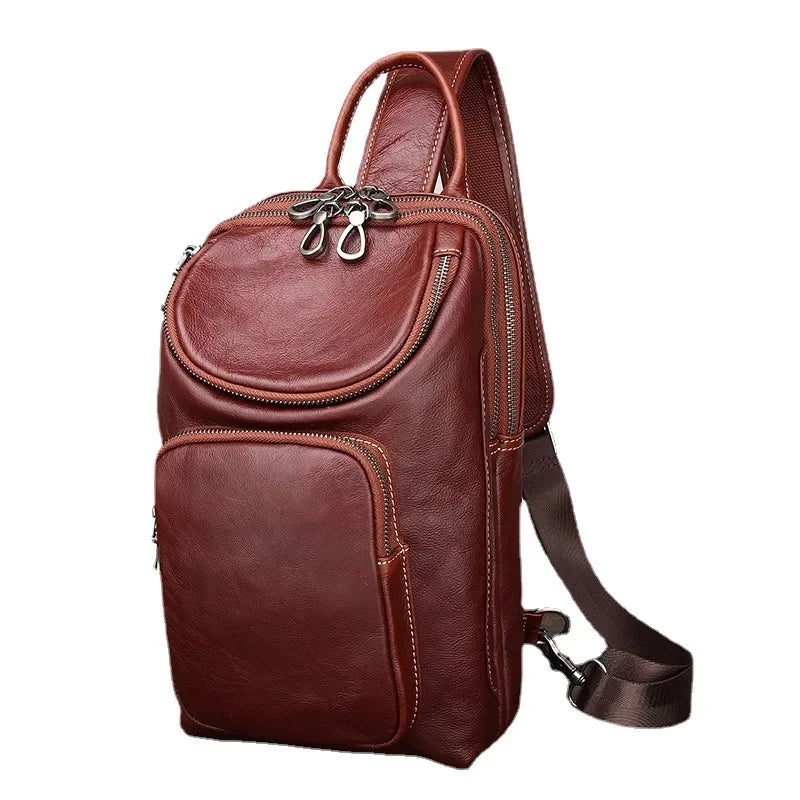Large Capacity Genuine Leather Chest Men Travel Shoulder Fashion Cowhide Crossbody Multifunction Male Sling Bag