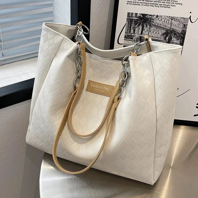 Large Capacity Tote Women's Fashion PU Commuter Female Simple Solid Color Rhombus Shoulder Bag Ladies All-match Casual