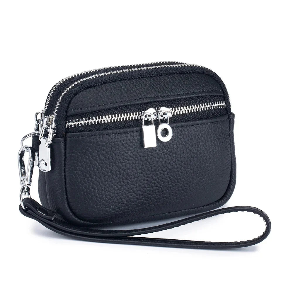 Large Pouch Wallet New Genuine Leather Change Coin Purse Holder for Women Brand Clutch Bag with Removable Wrist Strap
