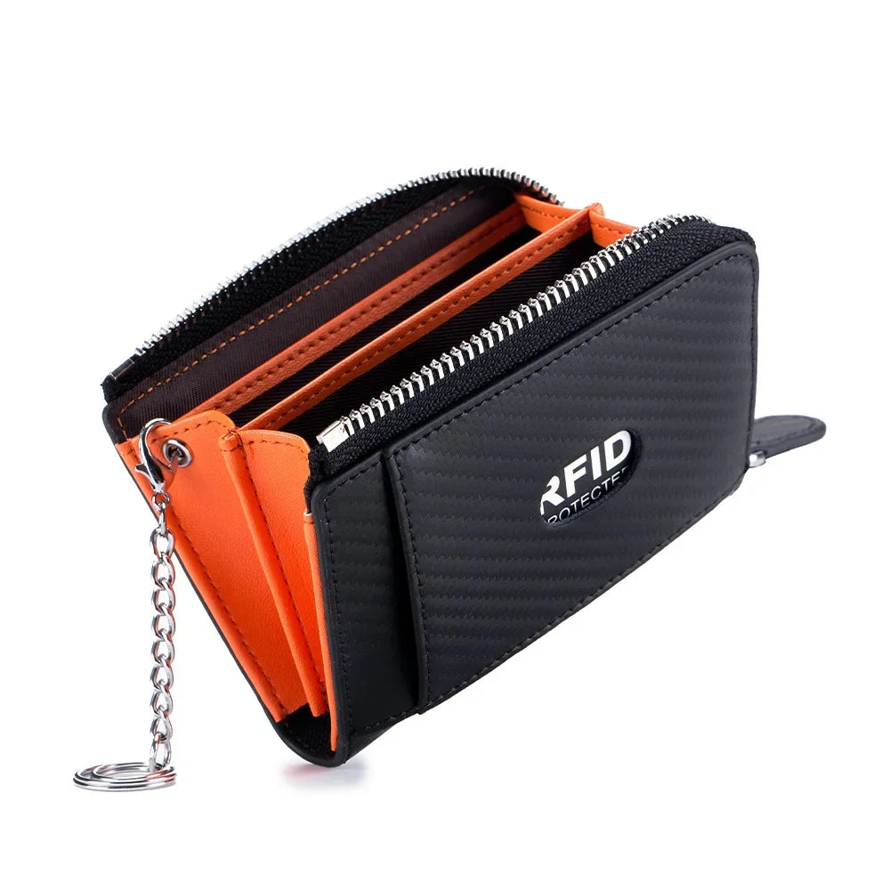 Leather Carbon Fiber Bag Men's Zipper Business Card Clip Rfid Coin Purse