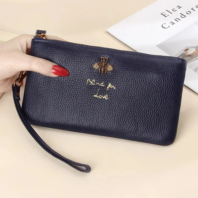 Leather Women Clutch Wallets Bee Zipper Purse Long Coin Purses Cell Phone Pocket Female Wristband Card Wallet Ladies Money Bag