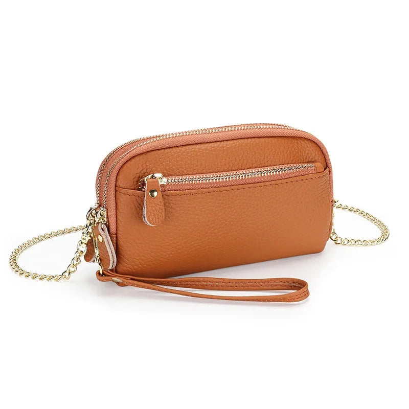 Leather chain diagonal bag put mobile phone lady wallet first layer cowhide large-capacity double-layer zipper all-match clutch