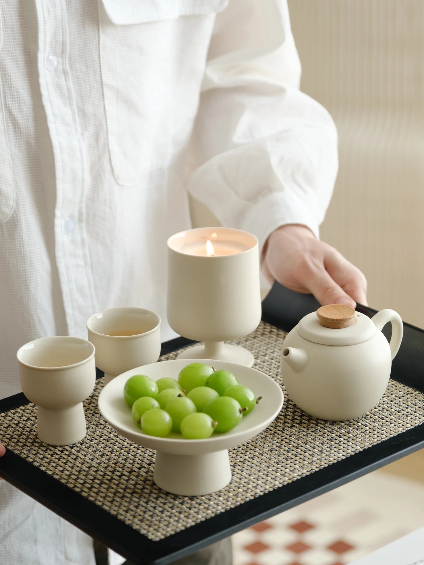 Light Brewing Ceramic Tea Set,Fresh Cream Design,Japanese-style Tea Cup,Tea Pot,Goblet Tray WENSHUO