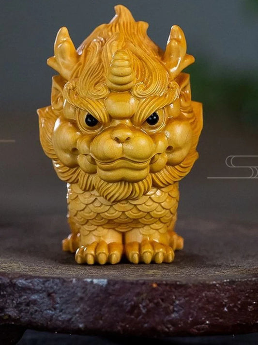 Lobular Boxwood Cliff Cypress Wood Carving Plaything Auspicious Beast Kirin Car Desk Decoration Artifact Buddha Statue Figurine