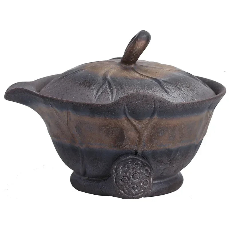 Lotus Leaf Hand-Held Pot Old Rock Mud Gilt Iron Glaze Kung Fu Tea Set Handmade Coarse Pottery Teapot Tea Bowl Ceramic Gaiwan
