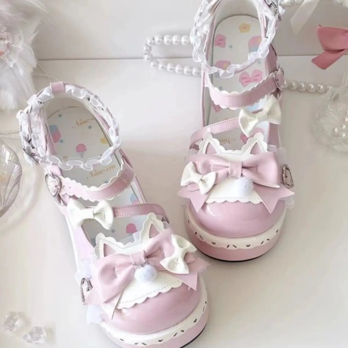 Lovely Girls Lolita Sweet Bowknots Platform Shoes Kawaii Alice Lace Flat Elevator Shoes Mary Janes