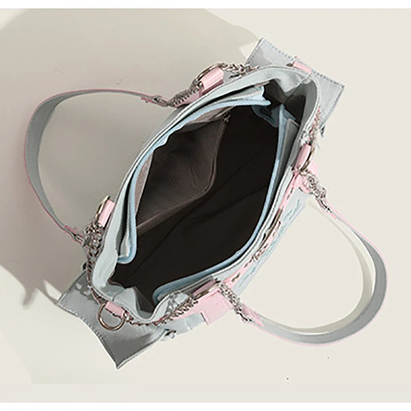 Lovely Japanese Hottie Gyaru Girls Lolita Denim Harajuku Shoulder Bags Women Chains HandBags Cute Transparent Itabags