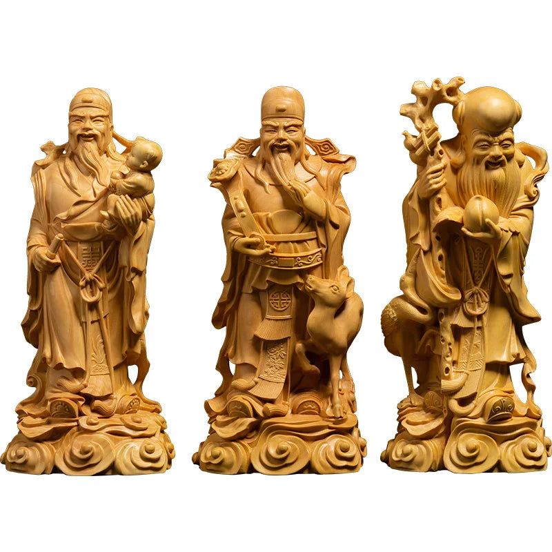 Lucky Buddha Statue Fu Lu Shou Three-star Ornaments Boxwood Wood Carving Chinese Home Living Room Decoration Crafts