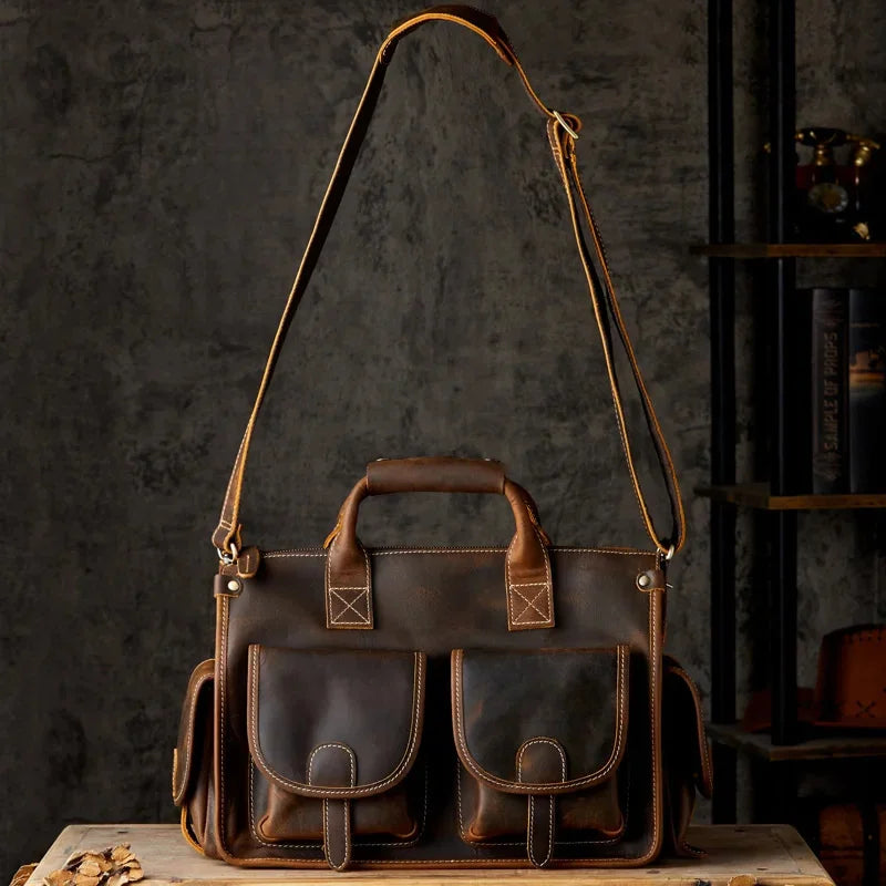 Luxury Crazy Horse Cowhide Men Briefcase Fasihon Handbag Travel Retro One-Shoulder Crossbody Male Messenger Bag