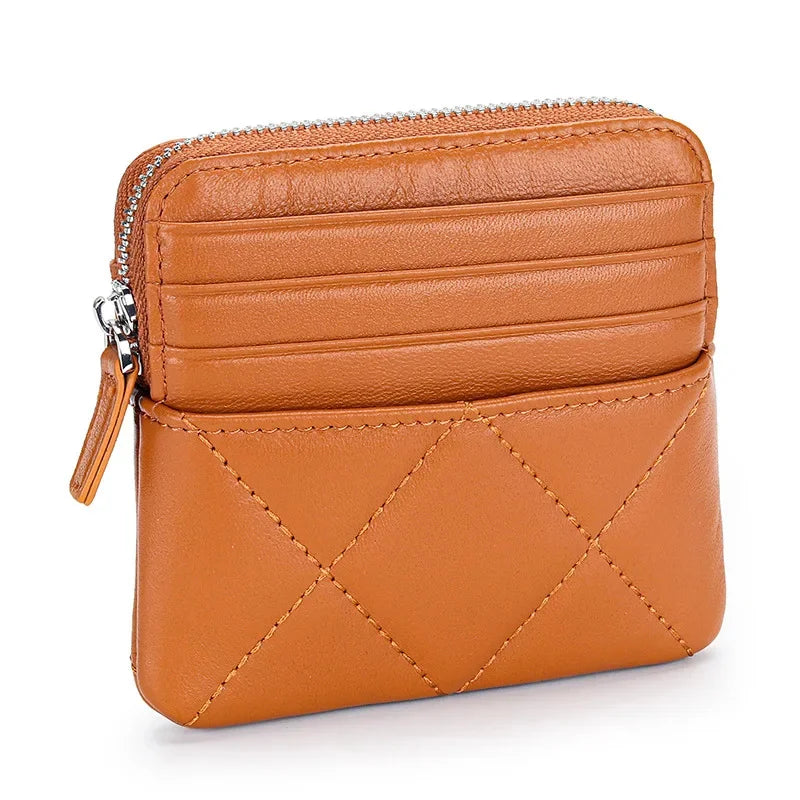 Luxury Embroidery Sheepskin Female Short Wallet Brand Check Thread Genuine Leather Mini Zipper Card Holder Coin Purse for Women