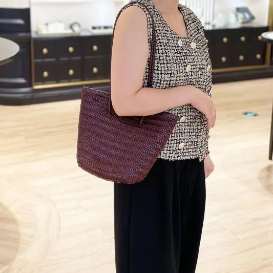 Luxury Ladies Weave Bucket Bag Soft Leather Crossbody Shopping Shoulder Bags 2024 Fashion Female Handbag Purse Lady Hobo Bag
