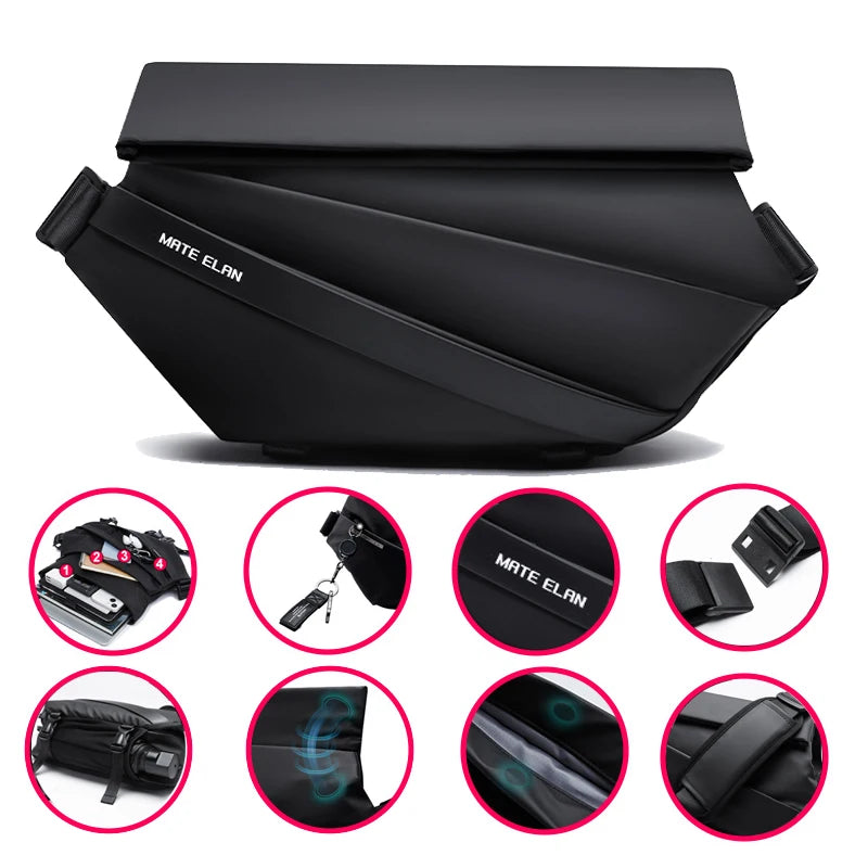 MATE ELAN Premium Waterproof Magnetic Buckle Crossbody Bag Personality Fashion Men Messenger Bag Black Minimalist Shoulder Bags