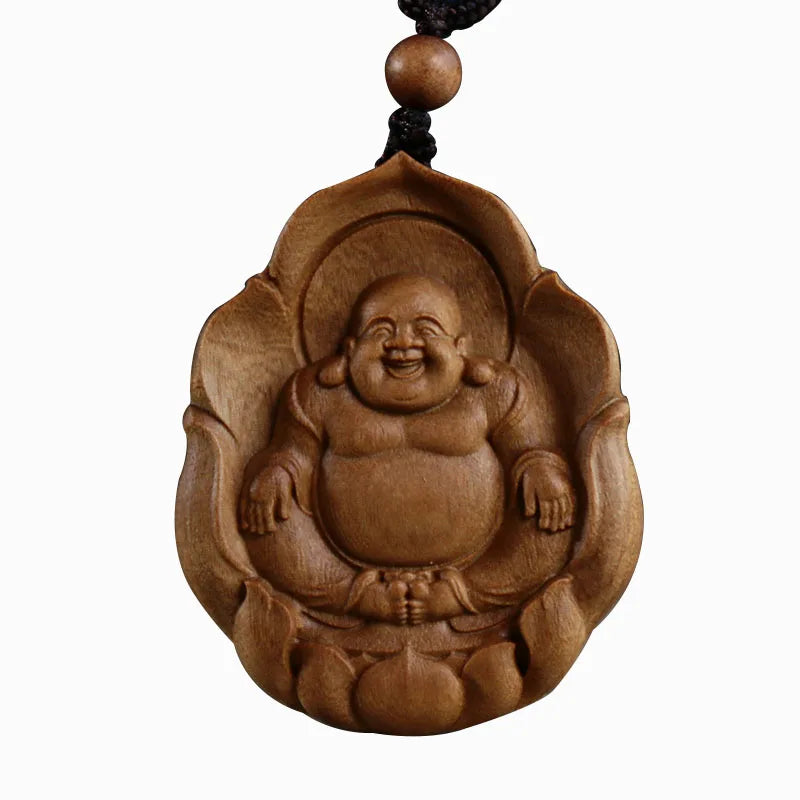Maitreya Bodhisattva Wood Carving Buddha Statue Pendant Solid Wood Craft Carving Gift Men and Women Necklace Safe 4.8CM