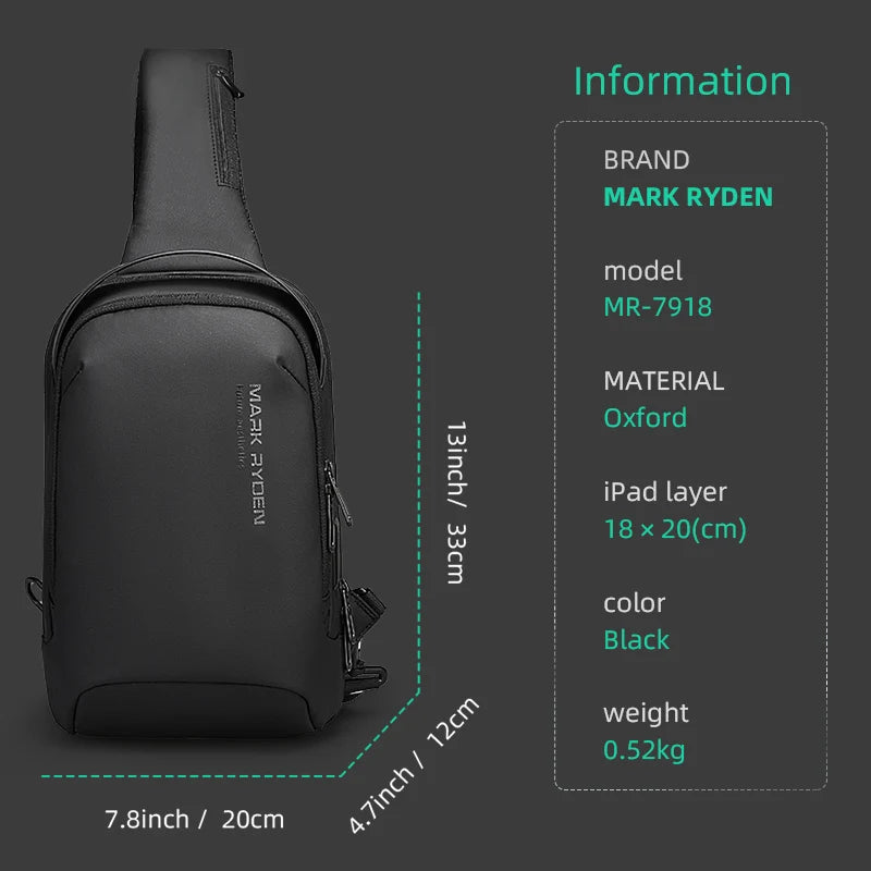 Mark Ryden Men Water-repellent Sports Chest Bag Travel Shoulder Bag Anti-theft Crossbody Bags USB Charging Messenger Bag