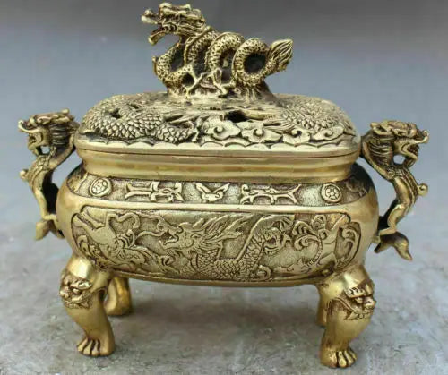 Marked Chinese Old Bronze Dragon Dragons Foo Fu Dog Lion Incense Burner Censer