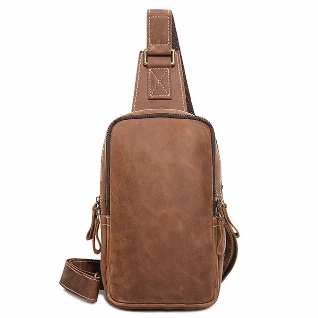 Men Crazy Horse Cow Leather Zipper Retro Male Motorcycle Outdoor Chest Casual and Simple Single-Shoulder Bag