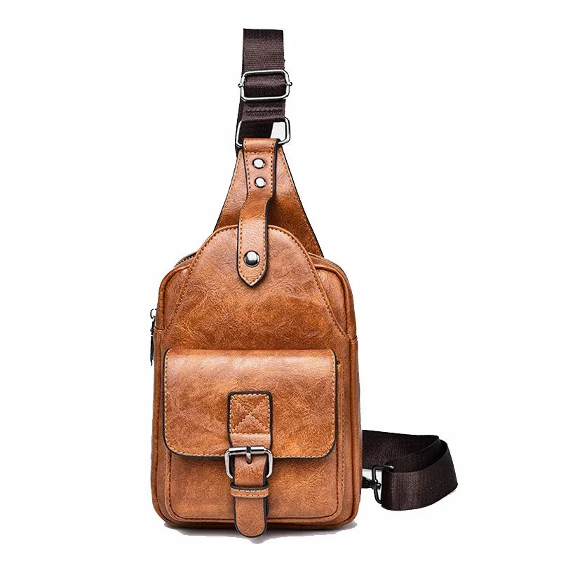 Men Cross body Shoulder Chest Sling Backpack PU Leather Fashion Trend Rtro Travel Male Side Messenger Bag