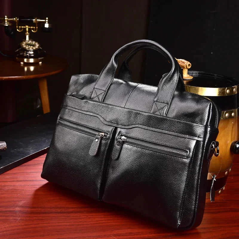 Men Genuine Briefcase Large Business Office Handbag Male Leather 14" Laptop Shoulder Bags Men's Travel Messenger Bag