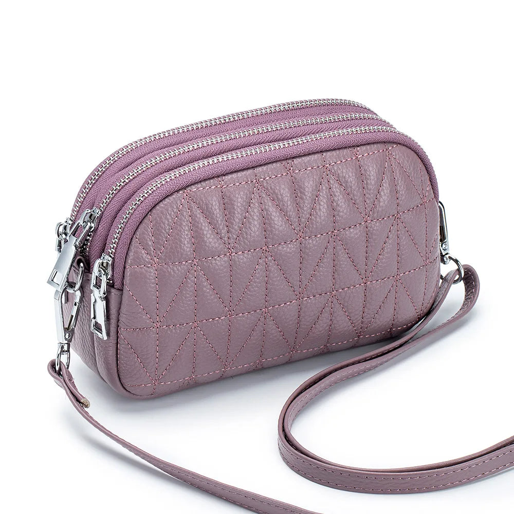 Mini Zipper Shoulder Bags for Women 3 Layers Leather Ladies Hand Bags Diamond Style Fashion Stitching Mobile Phone Purse Pouch