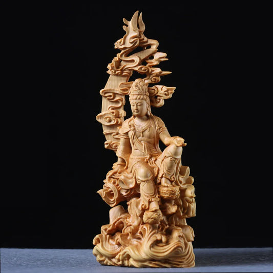 Moon Guanyin Wood Carving Goddess of Mercy Statue Boutique Peace Love Article Solid Wood Buddha Sculpture Art Collection