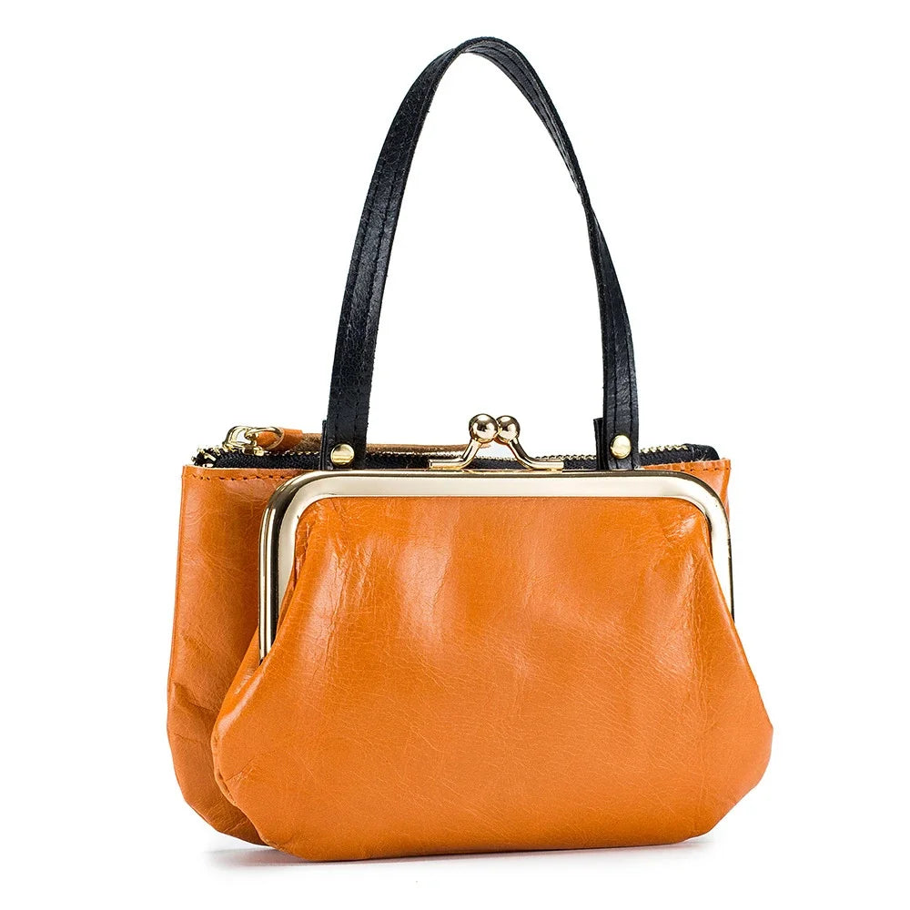 Multi Function Vintage Storage Handmade Genuine Leather Purse Mini Double Layer Clip Coin Bag