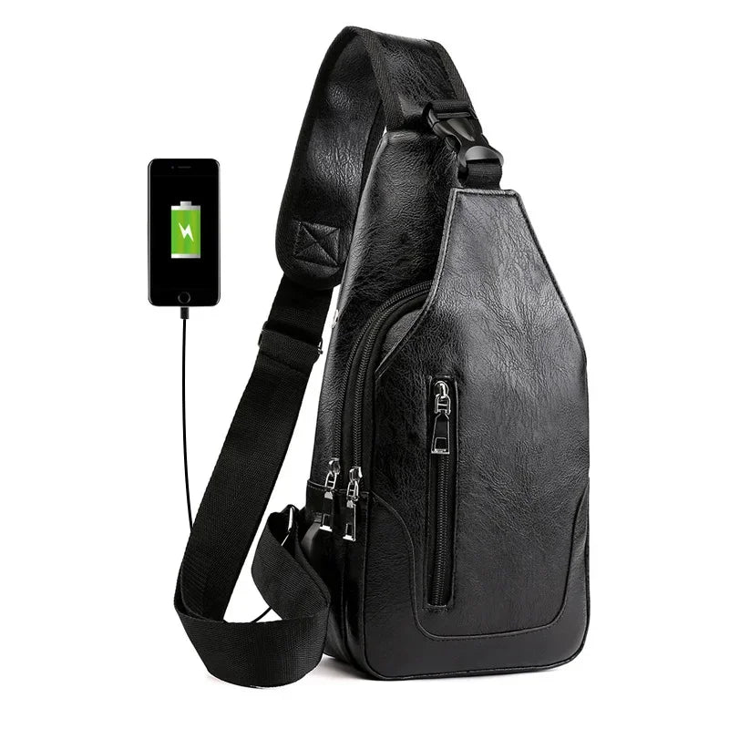 Multifunction USB Charging Men's Fashion PU Leather Crossbody Shoulder Male Chest Pack Sports Sling Bag
