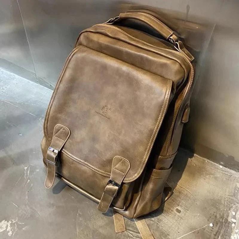 Multifunction leather men's fashion USB charging travel backpack large capacity student school bag for boys