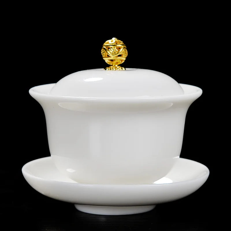 Mutton Fat Jade Porcelain gaiwan wintersweet flower print under glaze ceramic tureen cup bowl saucer lid coaster in China new