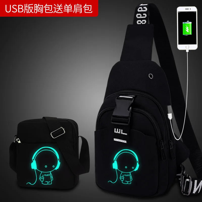 NEW USB Charged Shoulder Bag Waterproof Multifunction Light Reflective Men Chest Bag Fashion Travel Crossbody Bag Anti-Theft