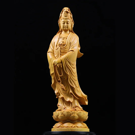 Natural Cypress Guanyin Buddha Decorative Characters Statue ,Solid Wood Art Carving Home Room Office Feng Shui Statue