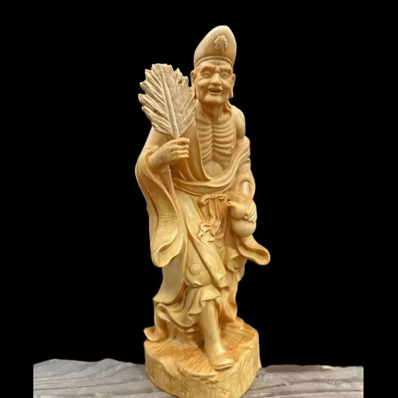 Natural Cypress-Jigong Characters Statue Solid Wood Carving Chinese Buddha Statues Home Room Office Decoration Statue 17cm
