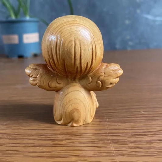 Natural Cypress Little Angel Characters Decorative Statue Solid Wood Carving Cute Home Room Office Car Art Gift Figurines