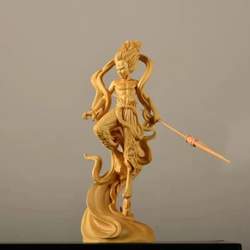 Natural Cypress Nezha Prince Statue Solid Wood Art Carving Chinese Mythological Characters Home Room Office Art Statue 7.86 in