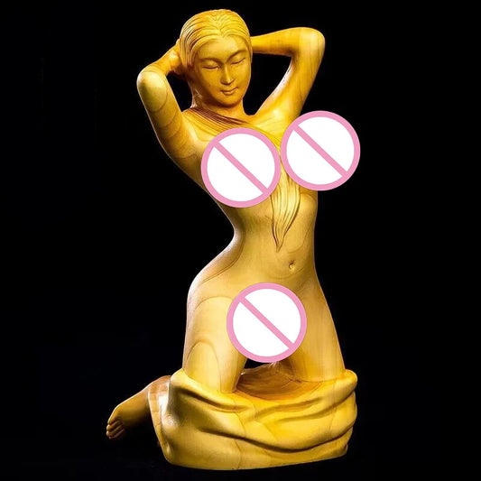 Natural Cypress Wood Nude Female Characters Statue -Solid Wood Carved ,Sexy Girl Home Room, Office Decoration Artwork 4.71 in