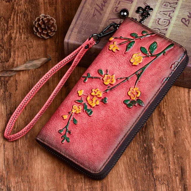 Natural Skin Purse Clutch Wrist Bag Female Designer Handmade Embossed Floral Women Genuine Leather Long Zipper Wallet