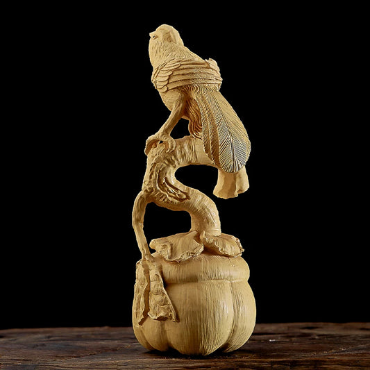 Natural Solid Wood Carving Magpie Bird Animal Statue Log Color Hand-Carved Cute Home Room Office Decoration Statue