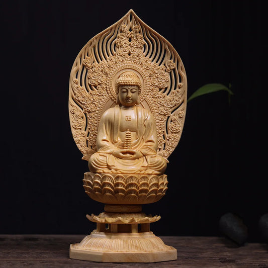 Natural Solid Wood Sakyamuni Buddha Figure Statue Primary Color Mu Hand-carved Home Room Office Feng Shui Statue11in