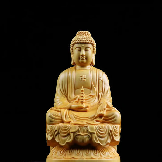 Natural solid wood carving Sakyamuni Buddha Figure Statue ,Boxwood Carved Buddha Statues Home Room Office Feng Shui Statue