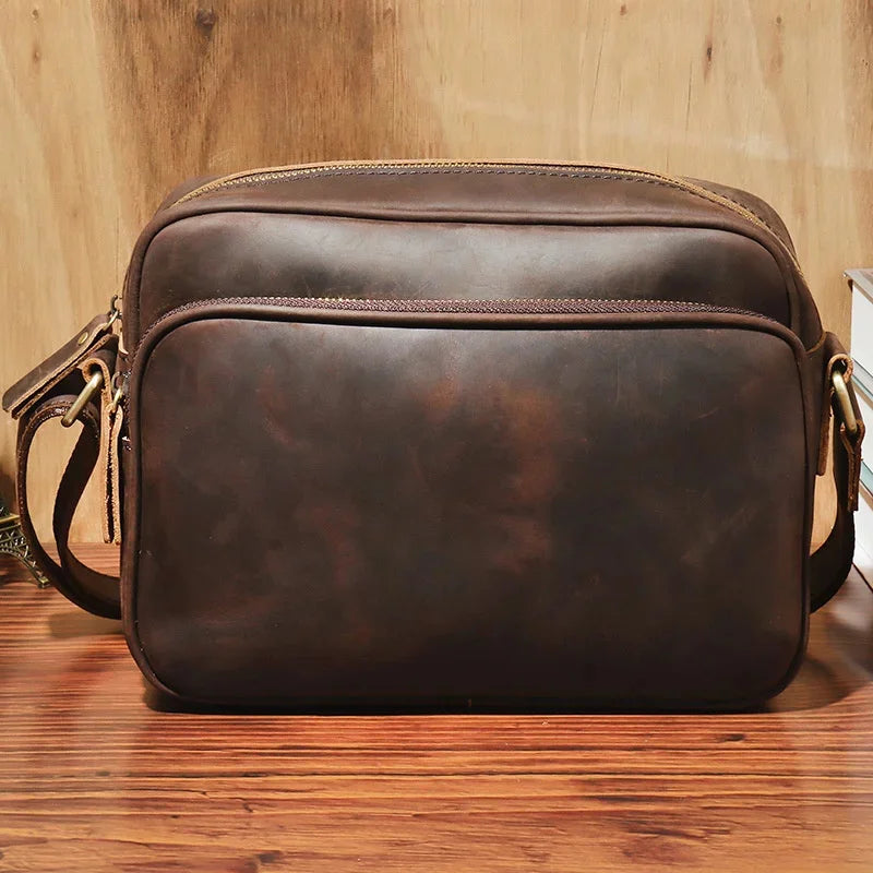 New 100% Cowhide Men's Crazy Horse leather shoulder 10.2" Casual large-capacity messenger Crossbody Bag Handbags