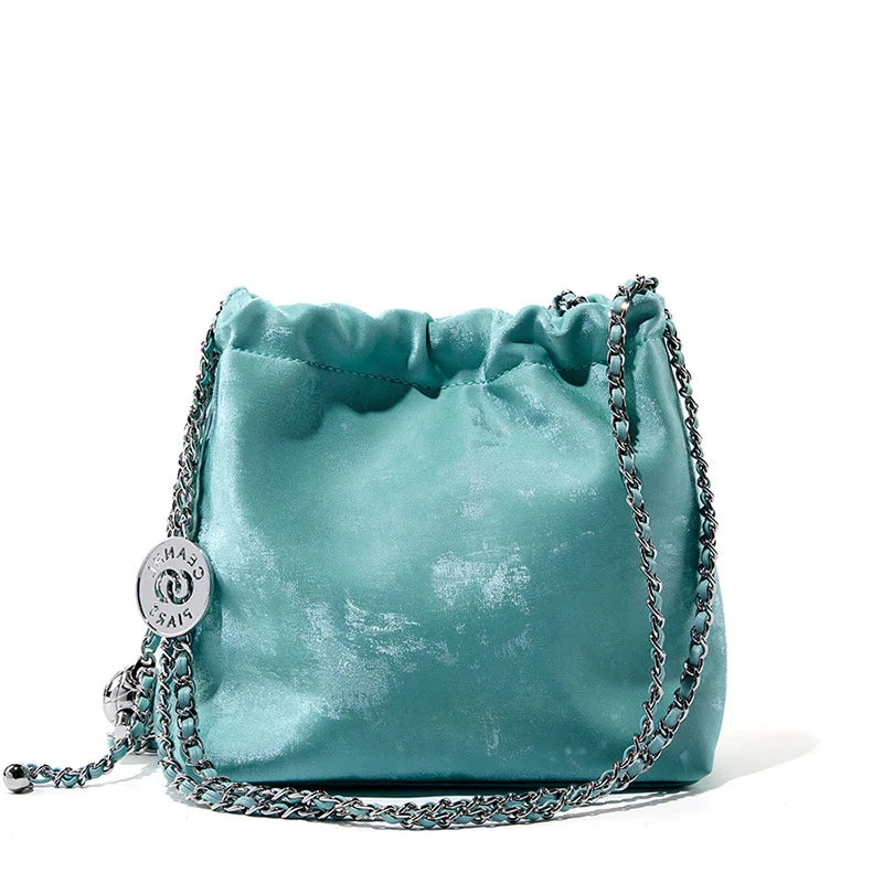 New Chinese silk cowhide garbage bag chain women's Guofeng shoulder crossbody small large capacity bucket bag tide